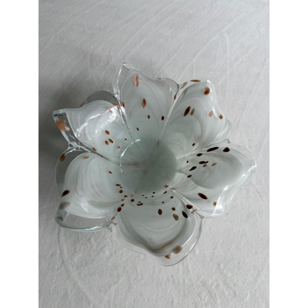 Art Glass Flower Bowl Swirl White Brown Speckled Candy Dish Trinket Tray
